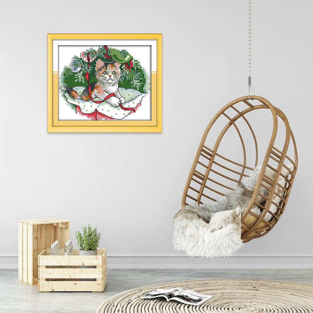 Christmas Cat - 14CT Stamped Cross Stitch 20x17CM - Joy Sunday