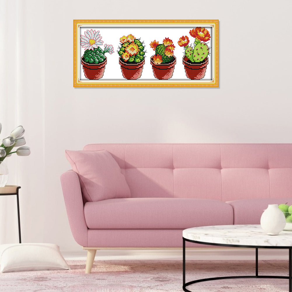 Lovely Cactus - 14CT Stamped Cross Stitch 36x17CM - Joy Sunday