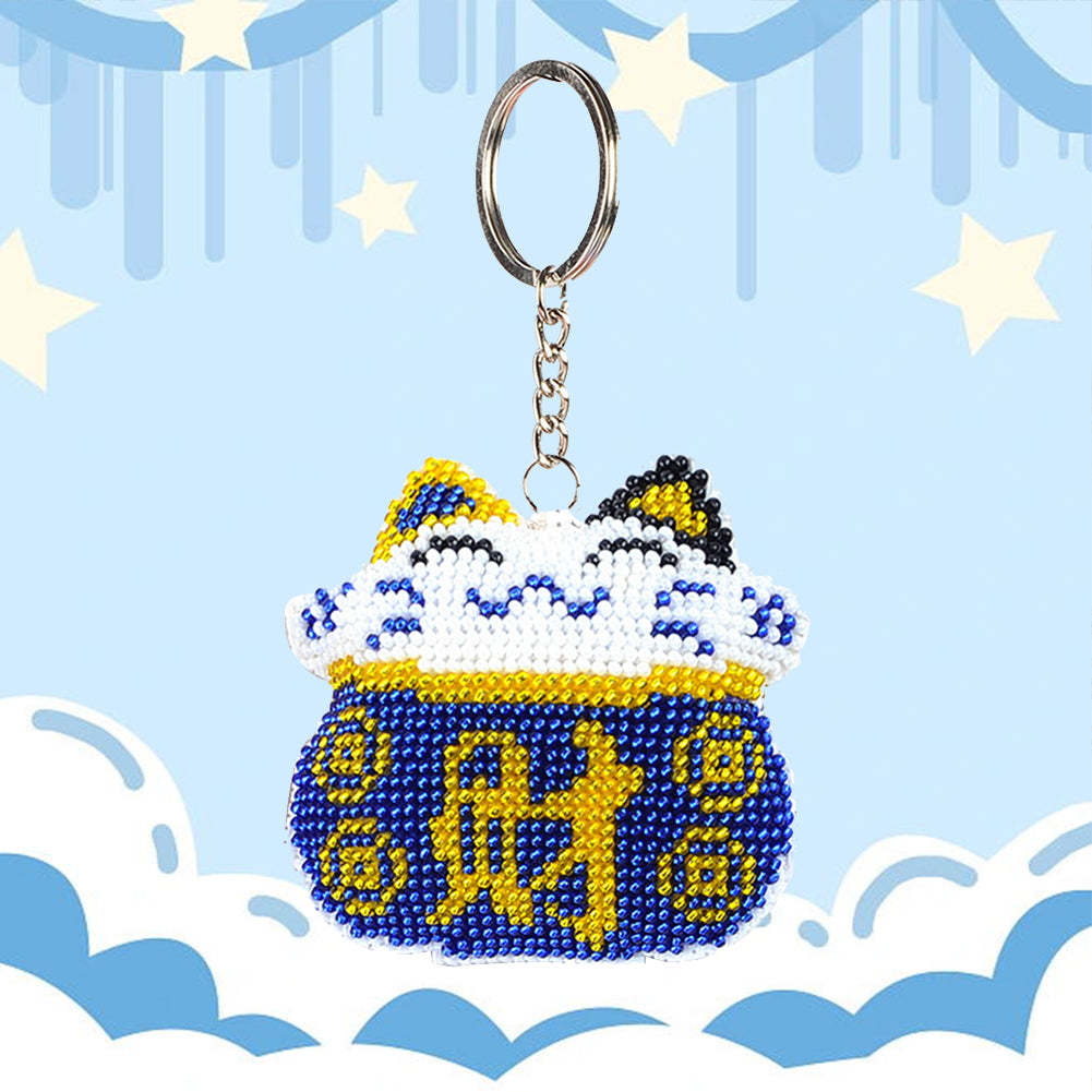 Cross Stitch Key Chain Fortune Cat Embroidery Bead Bag Pendant Handwork (Blue)