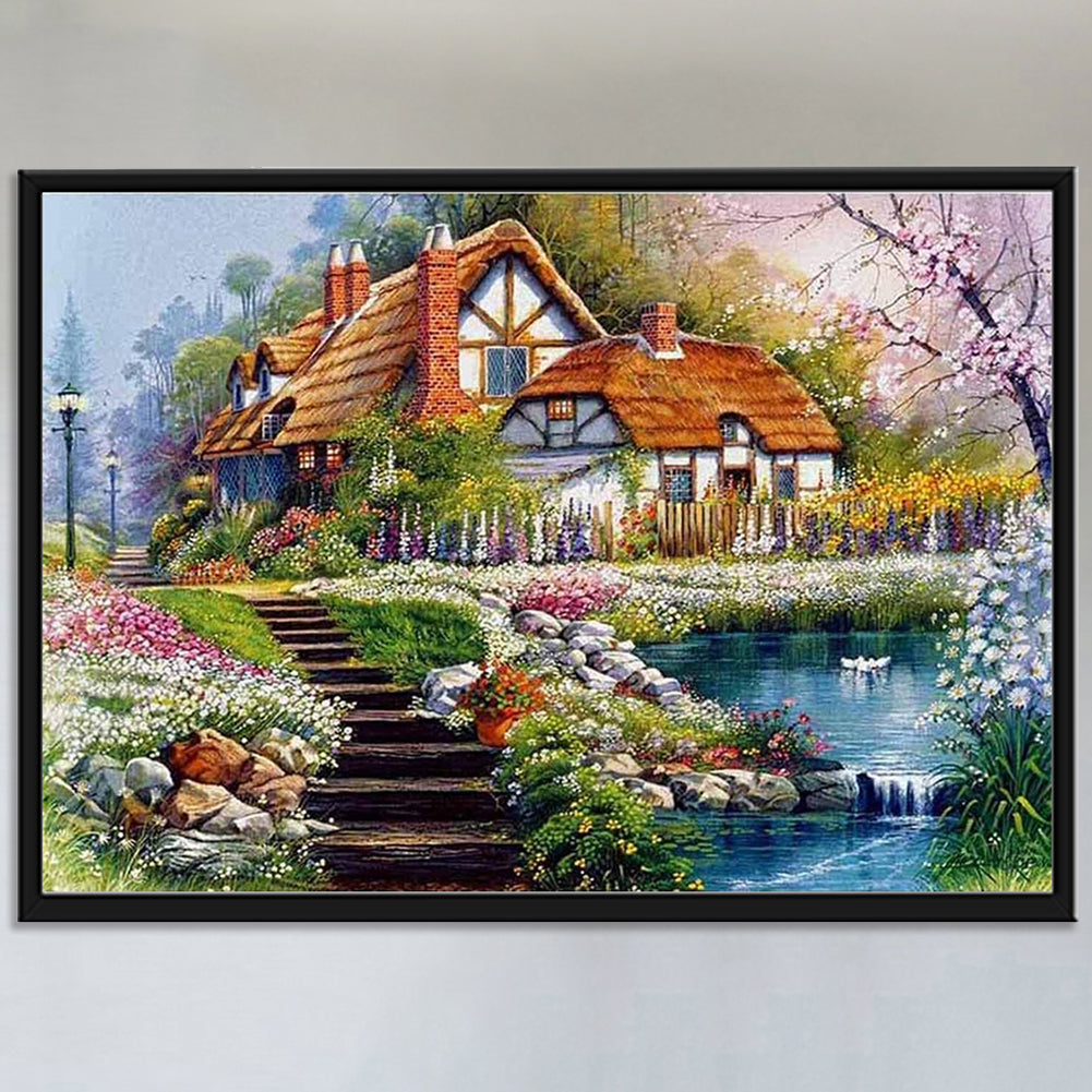 Lakeside Cottage - Full 11CT Stamped Cross Stitch 36x46CM - Huacan