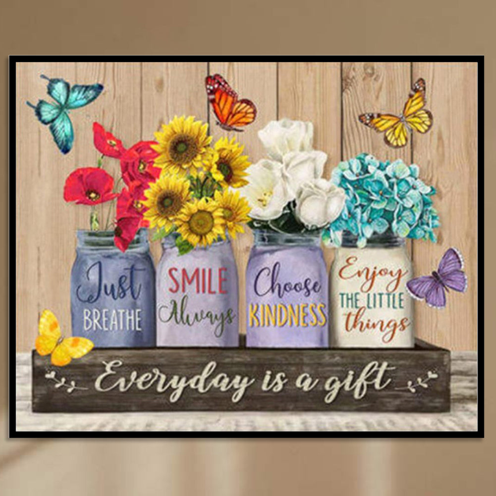 Flowers And Butterflies In Vase - Full 11CT Stamped Cross Stitch 40x50CM - Diy