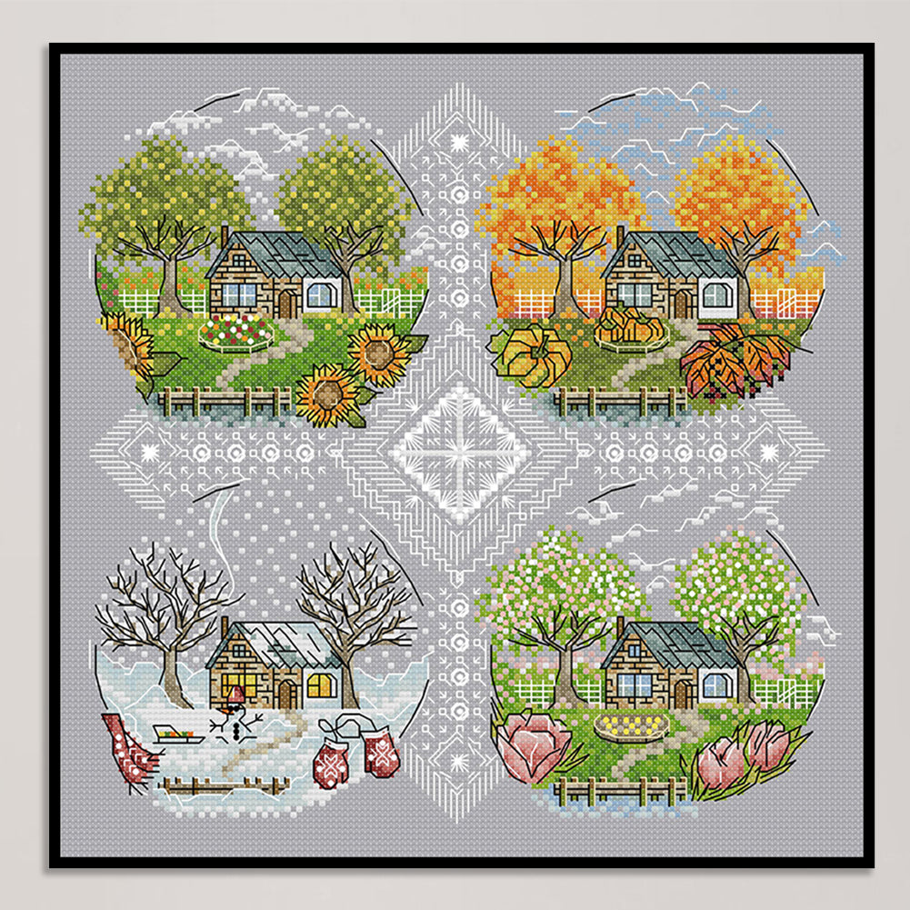 Cottage Four Seasons - Full 14CT Stamped Cross Stitch 33x33CM - Joy Sunday Backstitch