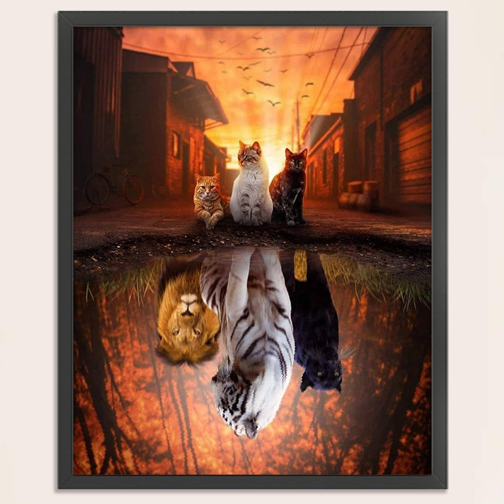 Reflection - Three Cats - Full 11CT Counted Cross Stitch 40x50CM - Diy