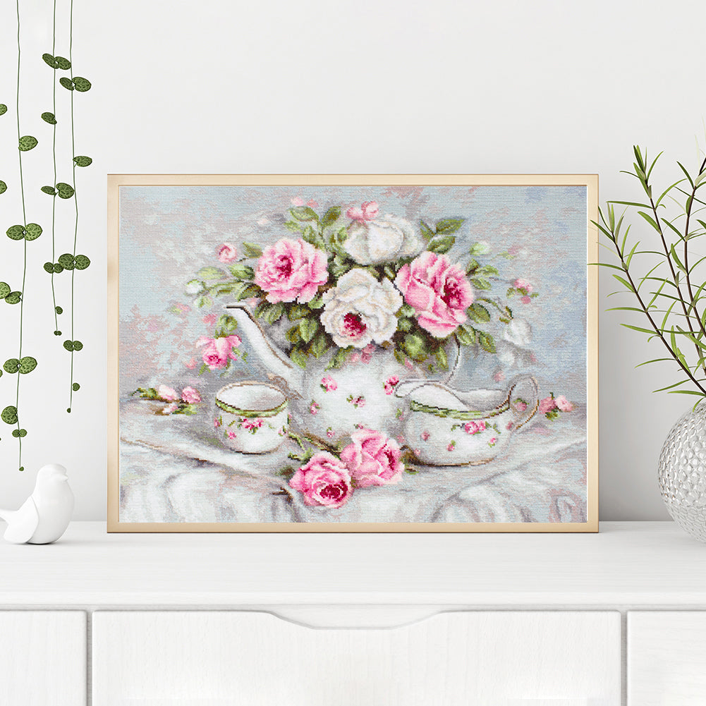 Teapot And Roses - Full 11CT Stamped Cross Stitch 50x37CM - Yishu