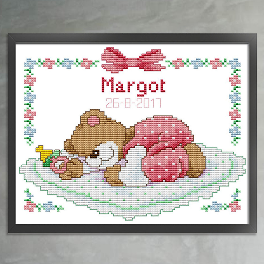 Pink Sleepy Bear Baby - Partial 14CT Counted Cross Stitch 25x20CM - Joy Sunday Backstitch
