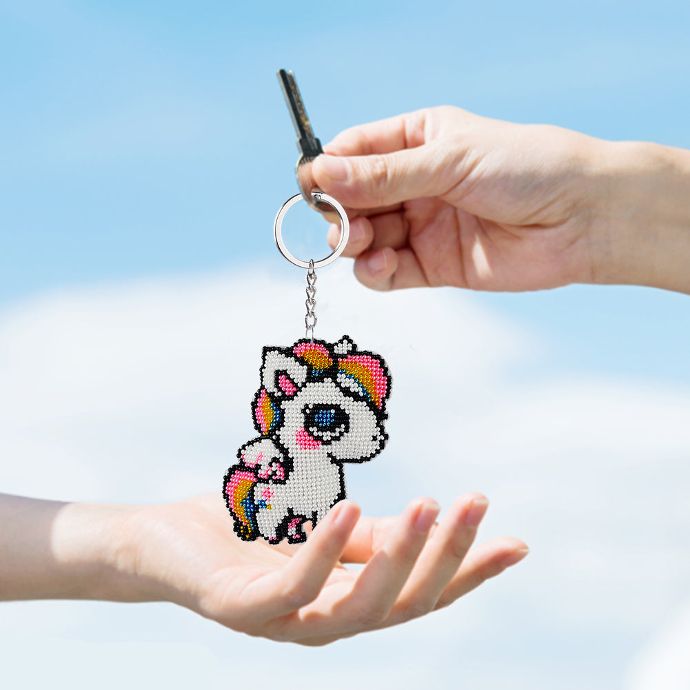 Full Bead Embroidery Keychain White Horse Printed Craft Gifts (7.5x9CM)