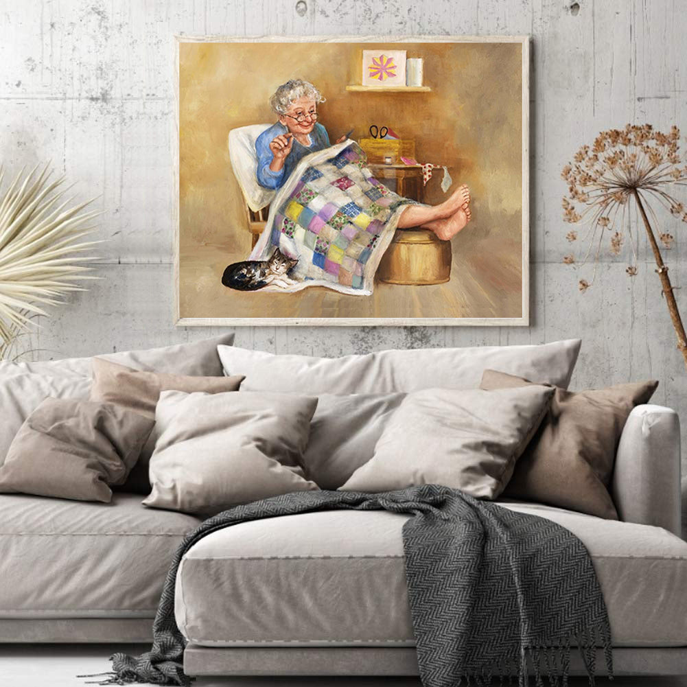 Elderly Lady Sewing - Full 14CT Counted Cross Stitch 50x40CM - Yishu