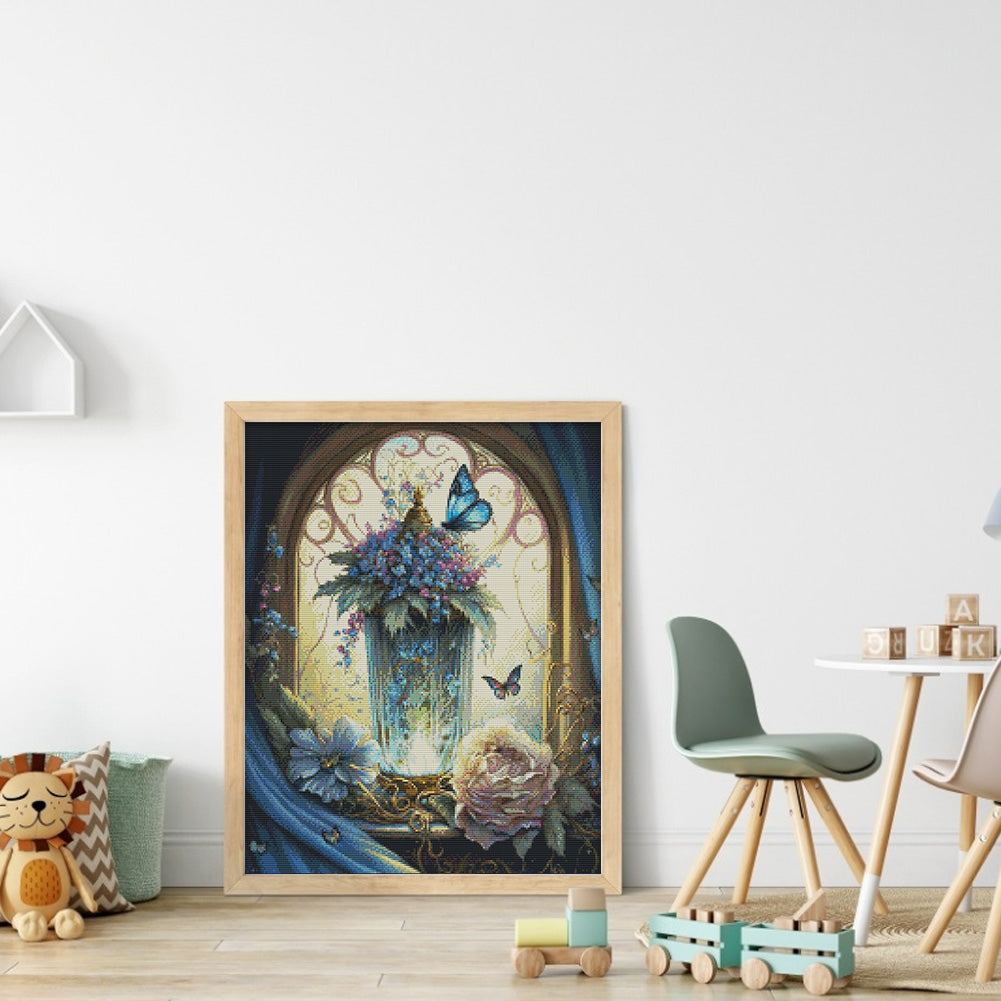 Vase And Butterflies In Garden - Full 11CT Stamped Cross Stitch 50x60CM - Huacan