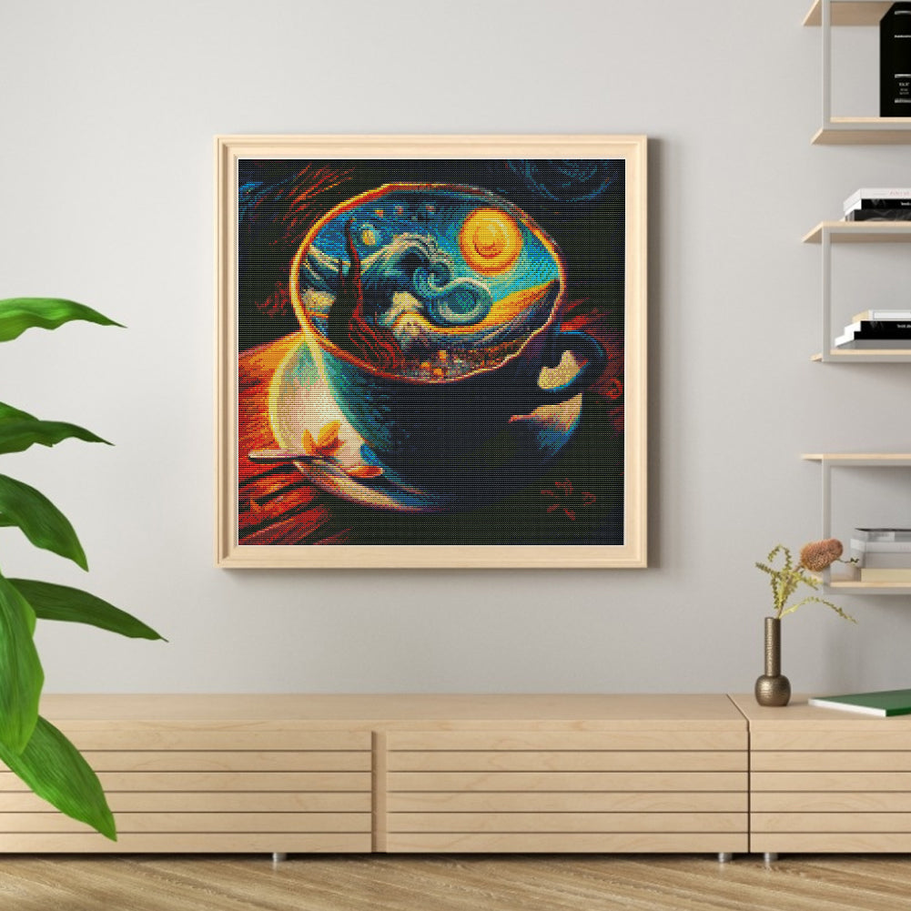 Van Gogh World In Teacup - Full 11CT Stamped Cross Stitch 50x50CM - Huacan