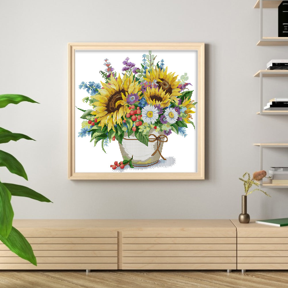 Vase With Sunflowers And Daisies - Partial 14CT Counted Cross Stitch 42x38CM - Joy Sunday Backstitch