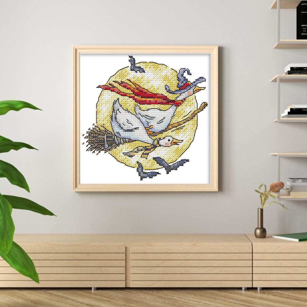 Riding On Broomstick - Partial 14CT Stamped Cross Stitch 16x16CM - Joy Sunday Backstitch