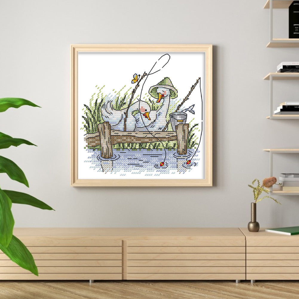 Fishing - Partial 14CT Stamped Cross Stitch 17x17CM - Joy Sunday Backstitch
