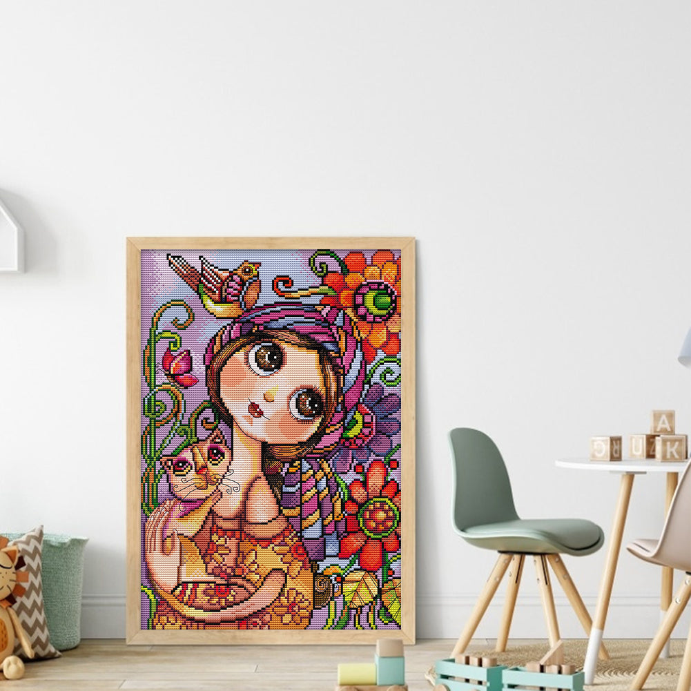 Big-Eyed Girl - Full 14CT Stamped Cross Stitch 29x40CM - Joy Sunday Backstitch