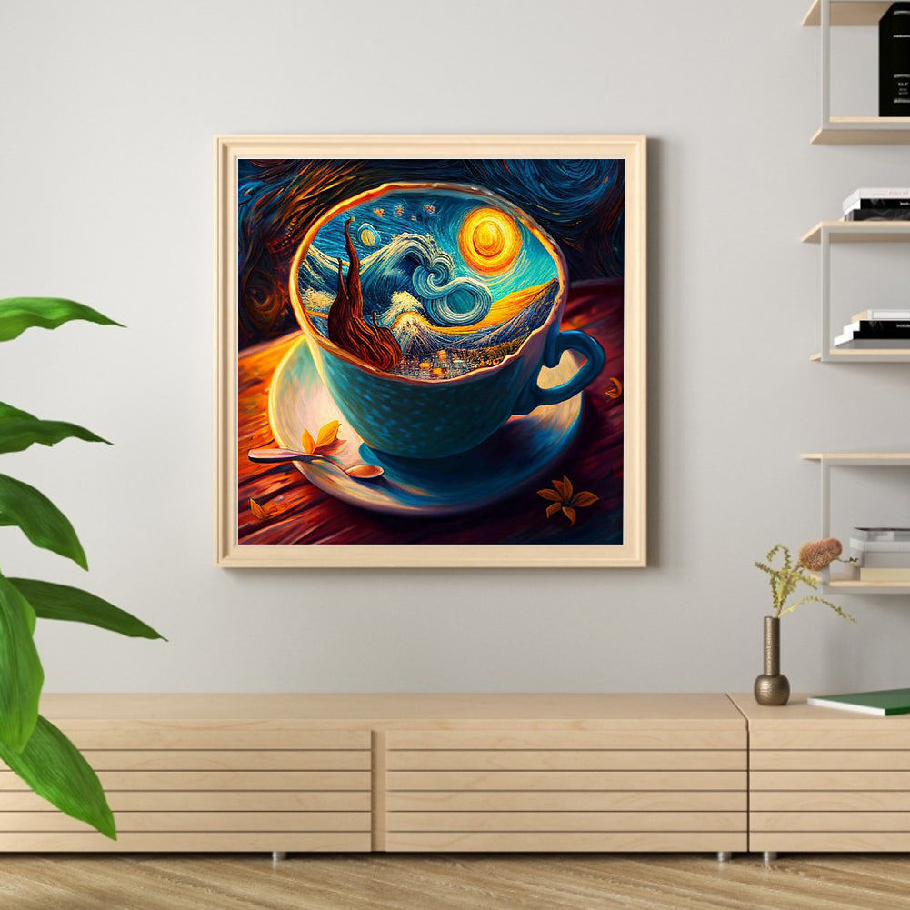Van Gogh World In Teacup - Full 18CT Stamped Cross Stitch 25x25CM - Huacan