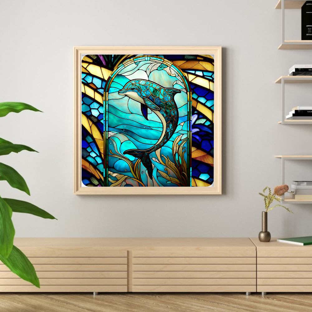 Glass Painting - Dolphin - Full 11CT Stamped Cross Stitch 40x40CM - Huacan