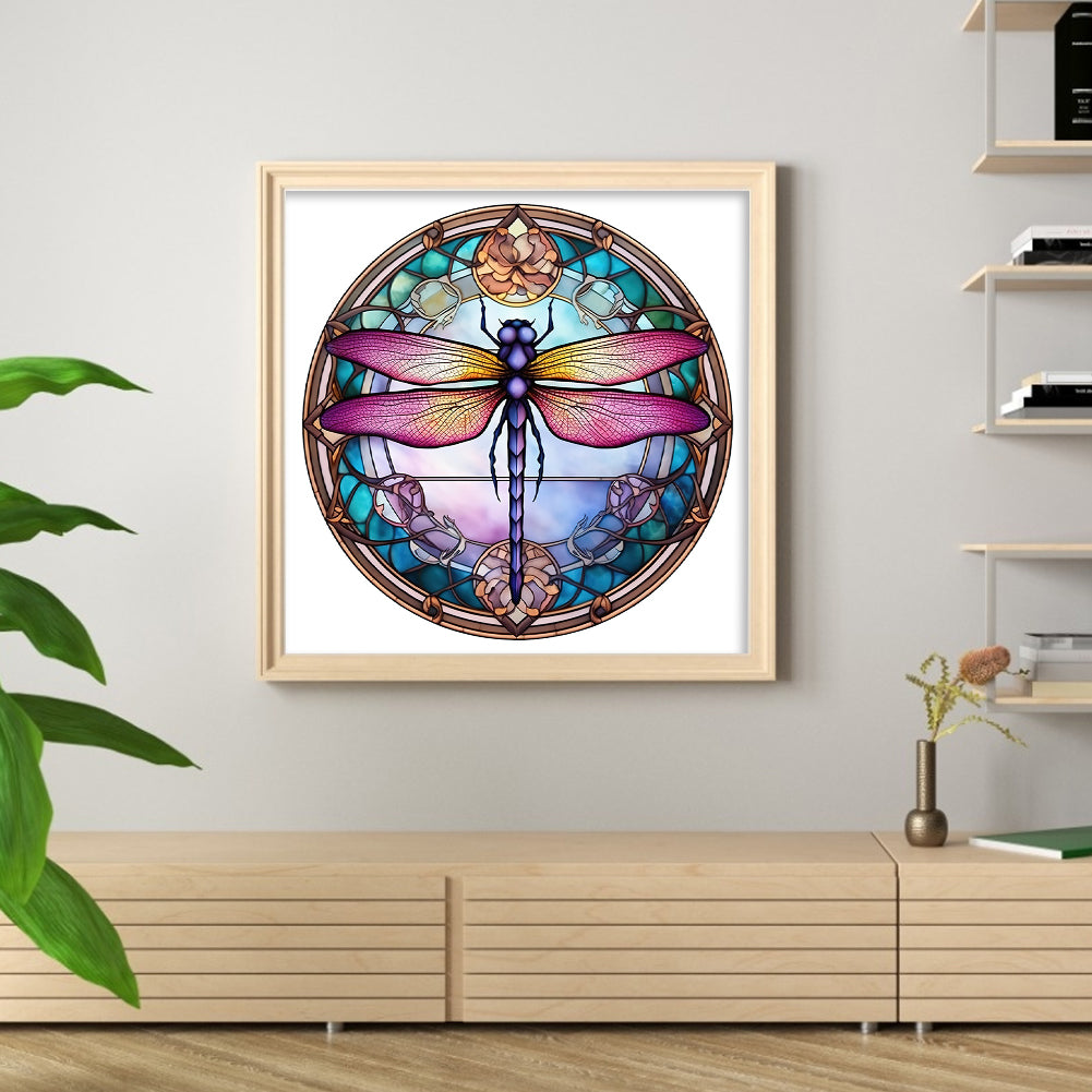 Glass Painting - Dragonfly - Full 18CT Stamped Cross Stitch 20x20CM - Huacan