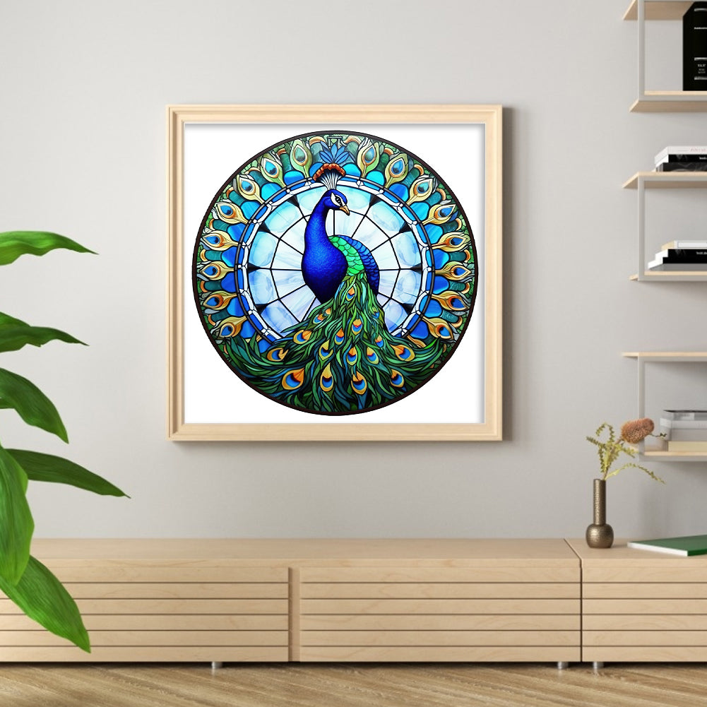 Glass Painting - Peacock - Full 18CT Stamped Cross Stitch 20x20CM - Huacan