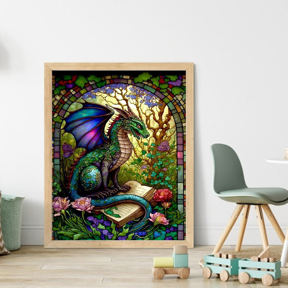Glass Painting - Reading Pterosaur - Full 14CT Stamped Cross Stitch 45x55CM - Huacan