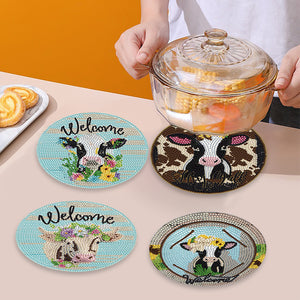 4 Pcs Wooden Diamond Painted Placemats Tableware Mat with Holder (Milk Cow)