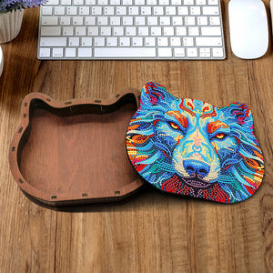Wood Diamond Painting Jewelry Box Kit for Rings Necklace Organizer (Wolf Head)