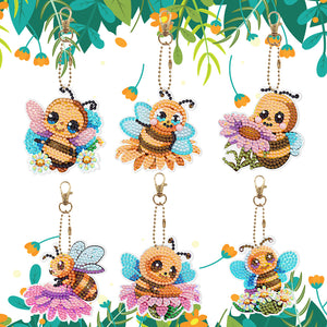 6 Pcs Double Sided Special Shape Cute Bees Full Drill Diamond Painting Keychains