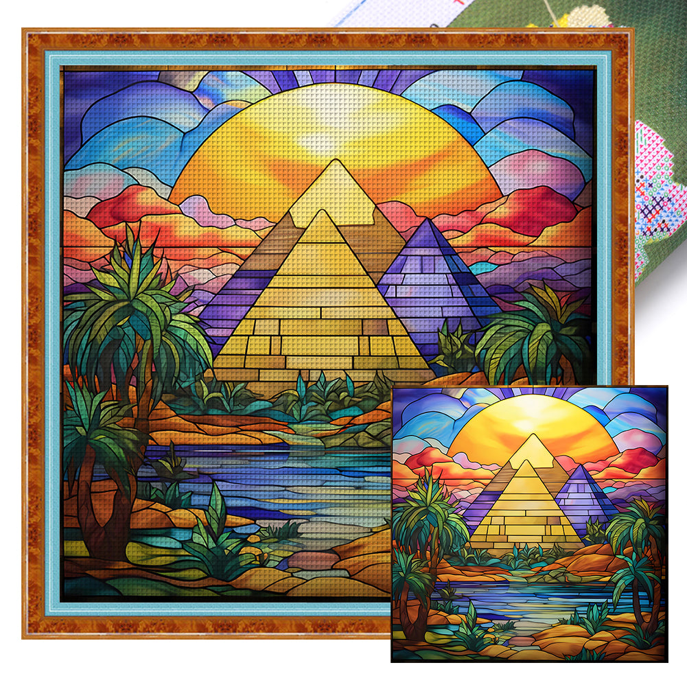 Glass Painting-Great Pyramid Of Giza, Egypt - 50*50CM 11CT Stamped Cross Stitch