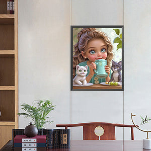 Girl With Two Cats 40*50CM(Canvas) Full Round Drill Diamond Painting