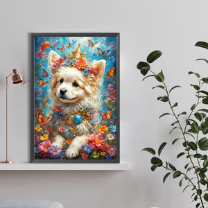 Flowers And White Dog 40*60CM(Canvas) Full Round Drill Diamond Painting