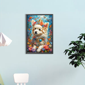 Flowers And White Dog 40*60CM(Canvas) Full Round Drill Diamond Painting