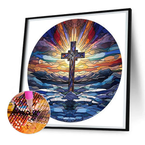 Cross Sunrise Landscape Glass Painting 30*30CM(Canvas) Full Round Drill Diamond Painting