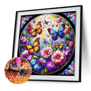 Glass Wind Butterfly And Flower 30*30CM(Canvas) Full Round Drill Diamond Painting
