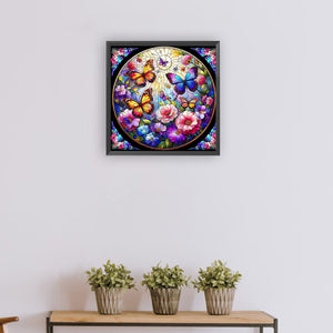 Glass Wind Butterfly And Flower 30*30CM(Canvas) Full Round Drill Diamond Painting