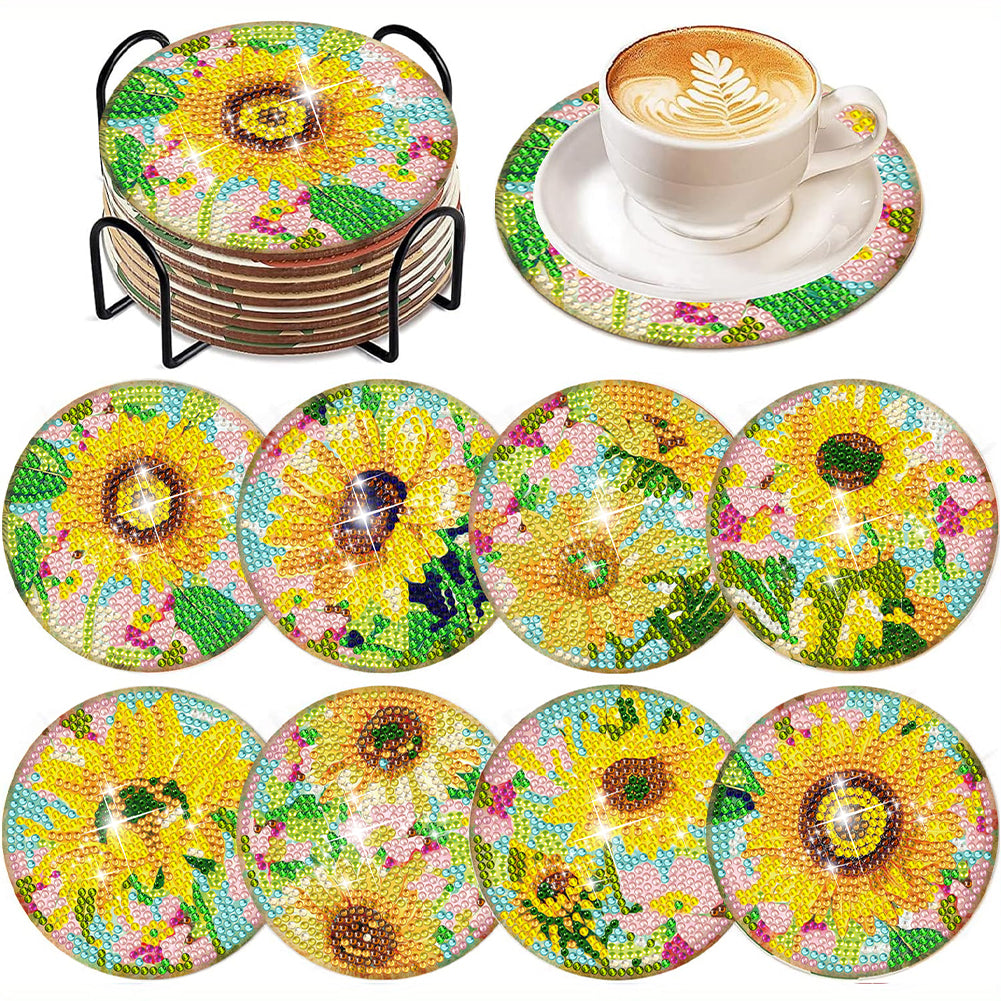 6/8 Pcs Diamond Art Coasters Art Flower Cat Egg Heart Coasters Kit with Holder