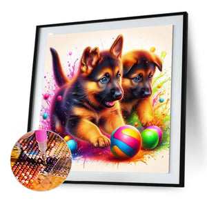 Ball With Two Shepherd Dogs 30*30CM(Canvas) Full Round Drill Diamond Painting