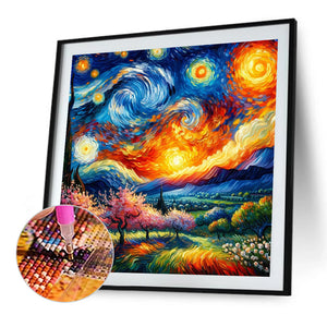 Colored Lead Painting Of Starry Sky And Countryside 40*40CM(Canvas) Full Round Drill Diamond Painting