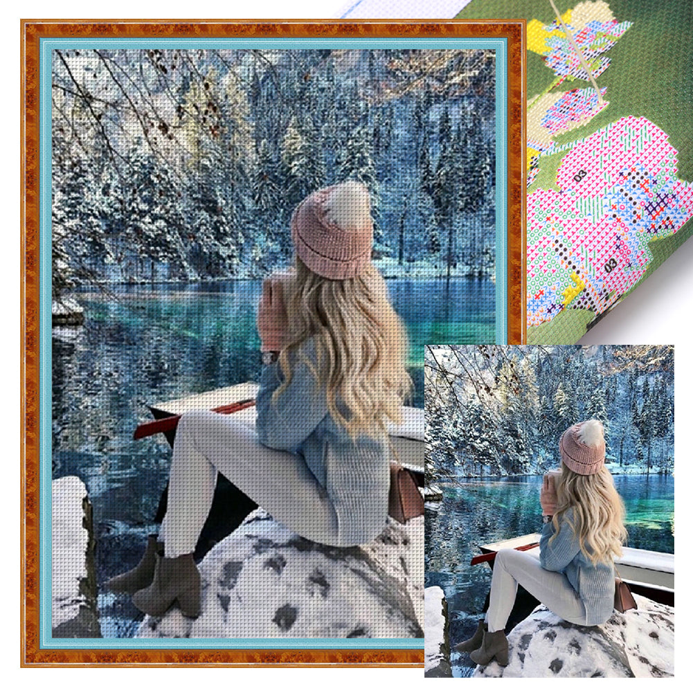 Yishu - Girl In A Snowy Scene - 40*56CM 11CT 3 Stamped Cross Stitch