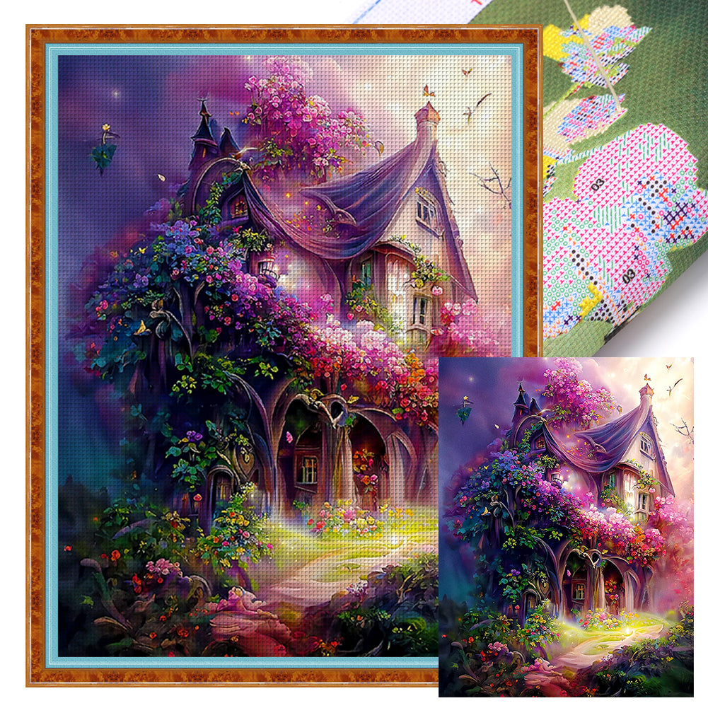 Huancan - Cottage With Flowers And Trees - 50*65CM 16CT 2 Stamped Cross Stitch