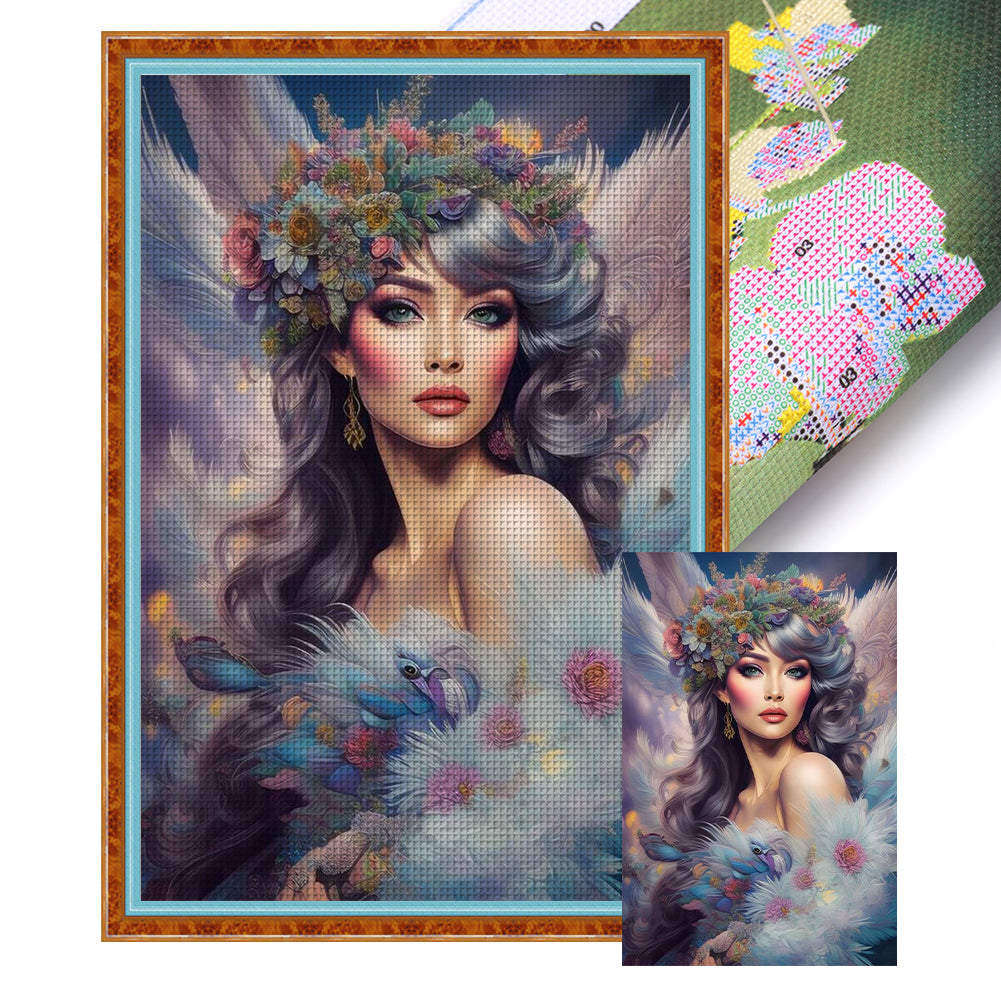 Yishu - Girl With Flowers - 50*75CM 11CT 3 Stamped Cross Stitch