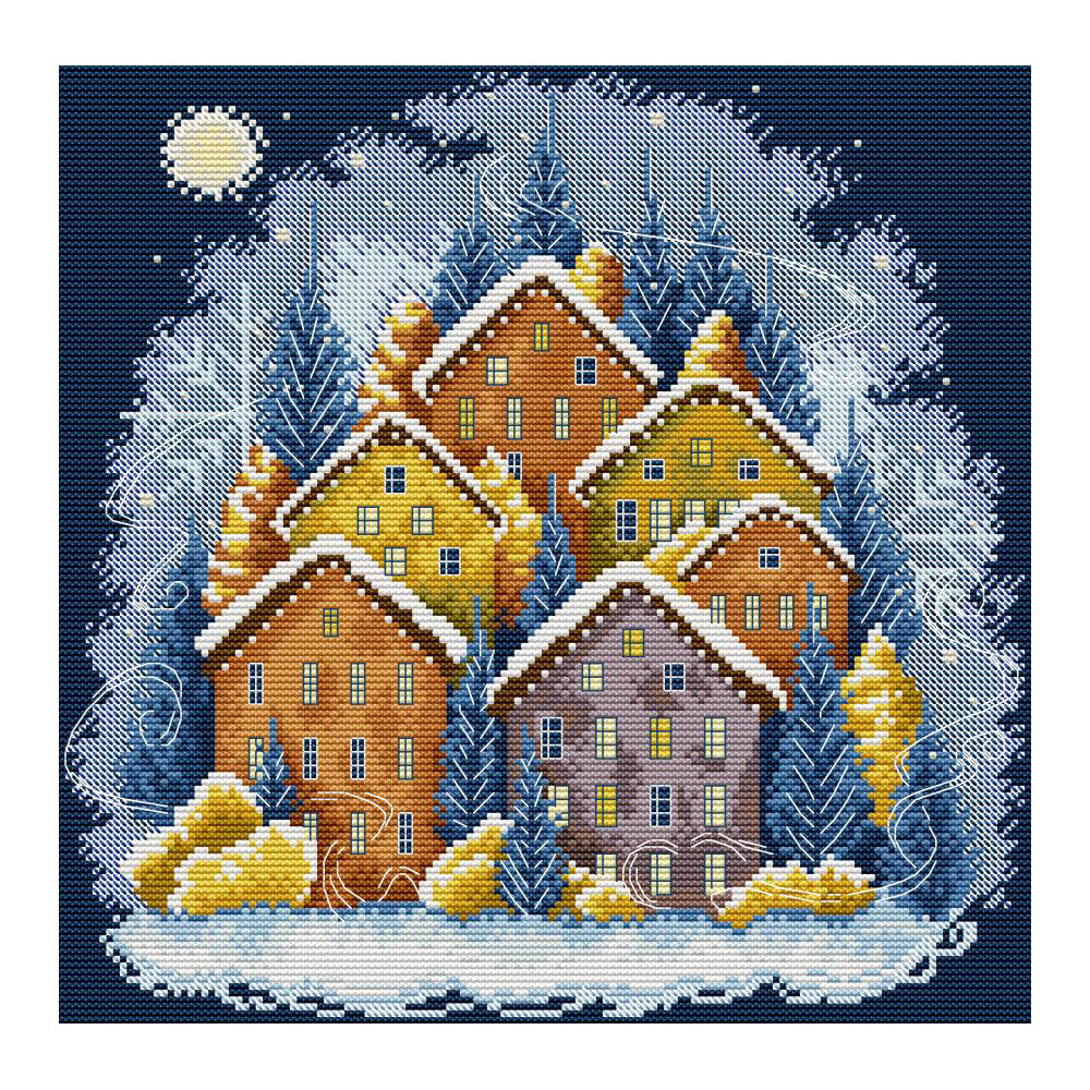 Winter Colorful House - Full 14CT Stamped Cross Stitch 33x33CM - Joy Sunday Backstitch