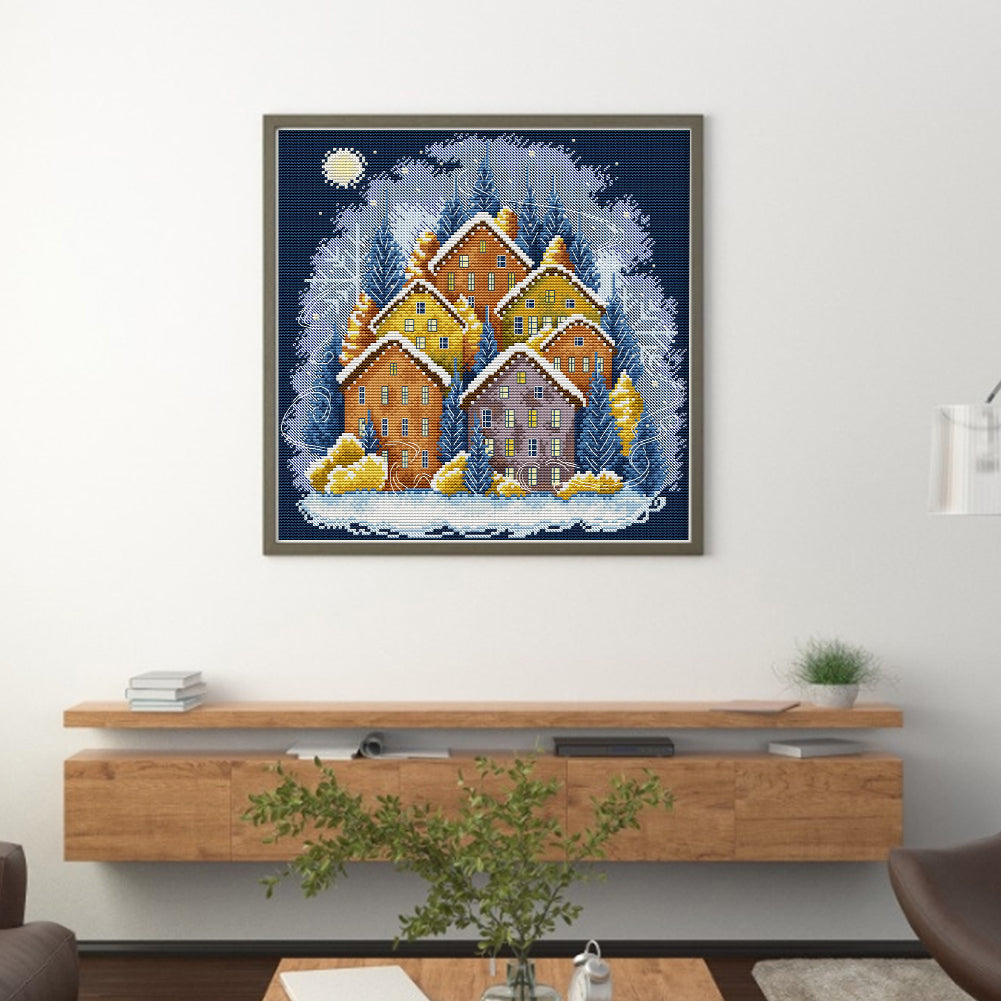 Winter Colorful House - Full 14CT Stamped Cross Stitch 33x33CM - Joy Sunday Backstitch