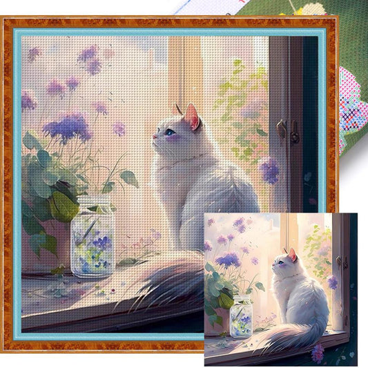 Cats And Flowers On Windowsill - Full 18CT Stamped Cross Stitch 30x30CM - Huacan