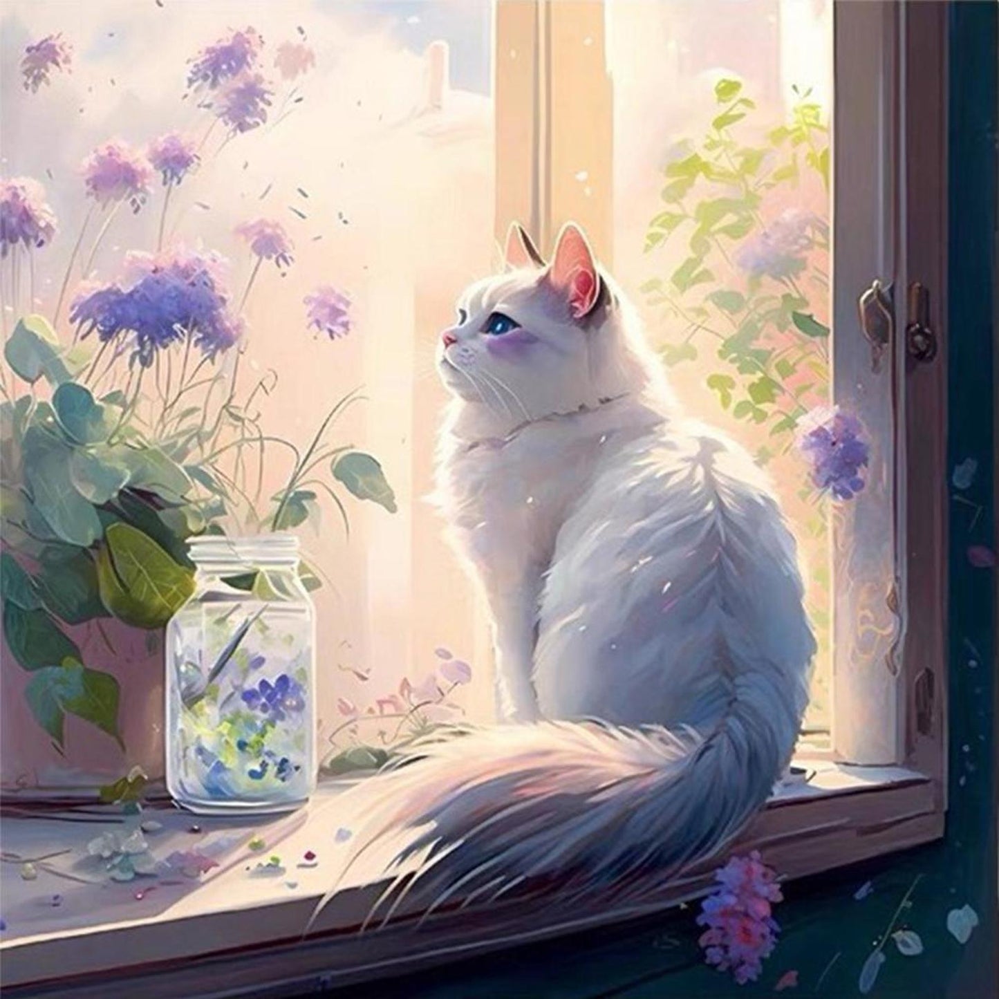 Cats And Flowers On Windowsill - Full 18CT Stamped Cross Stitch 30x30CM - Huacan