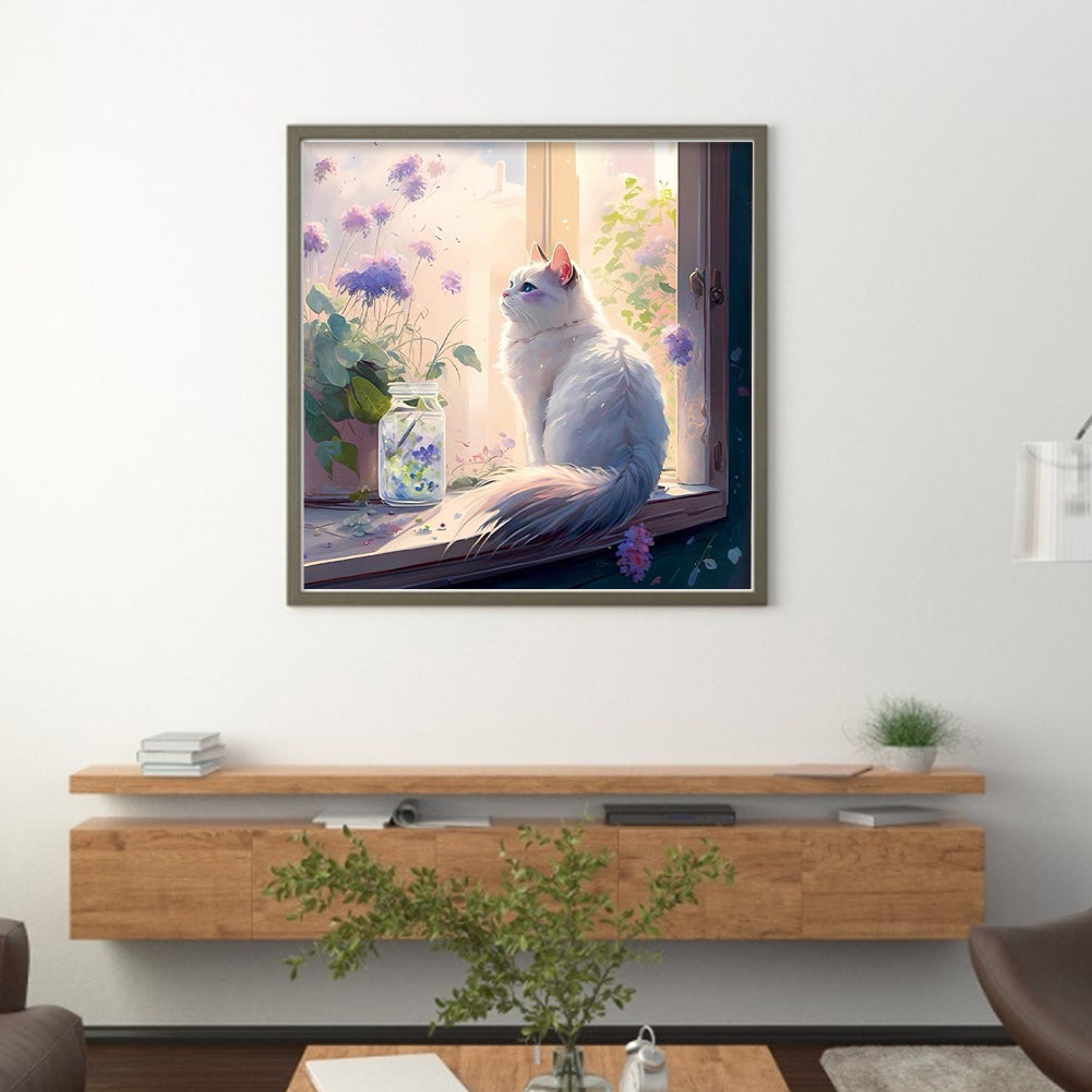 Cats And Flowers On Windowsill - Full 18CT Stamped Cross Stitch 30x30CM - Huacan