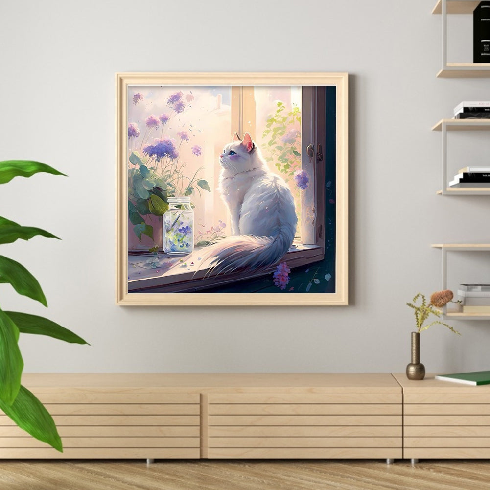 Cats And Flowers On Windowsill - Full 18CT Stamped Cross Stitch 30x30CM - Huacan