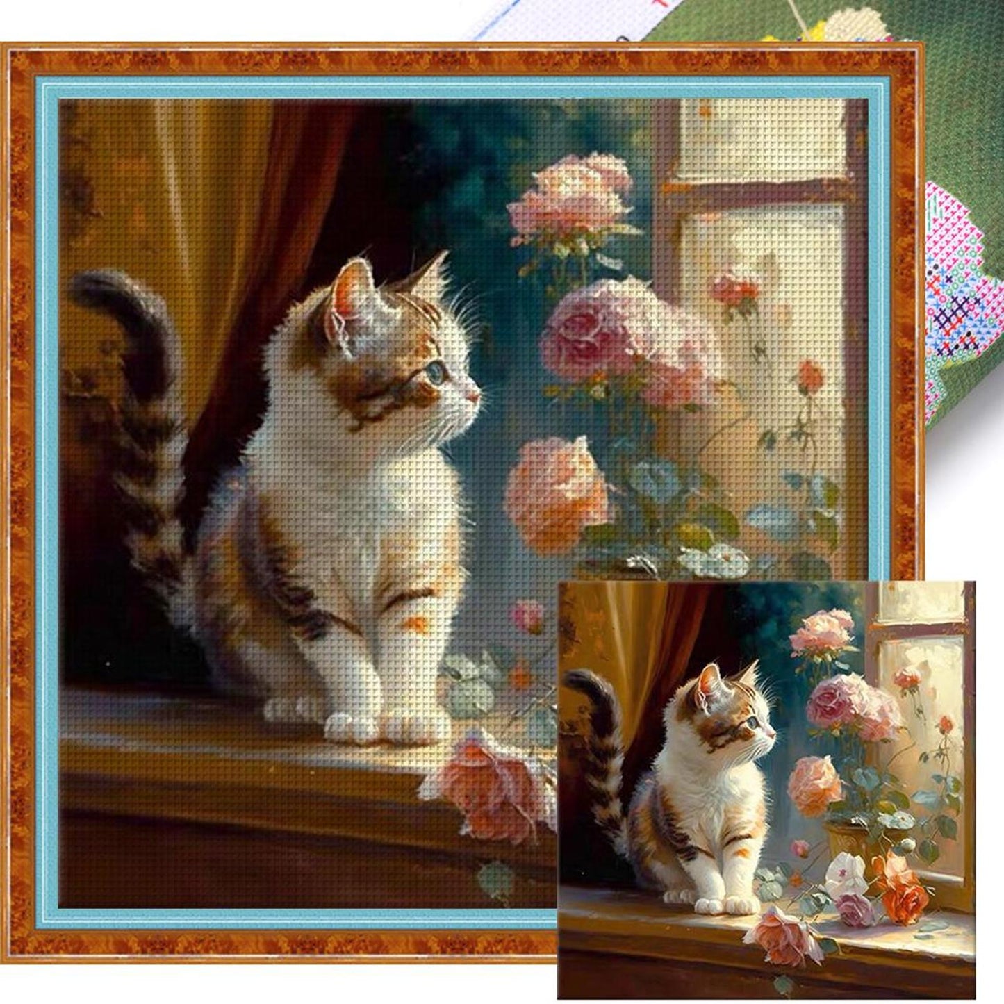 Cats And Flowers On Windowsill - Full 18CT Stamped Cross Stitch 30x30CM - Huacan
