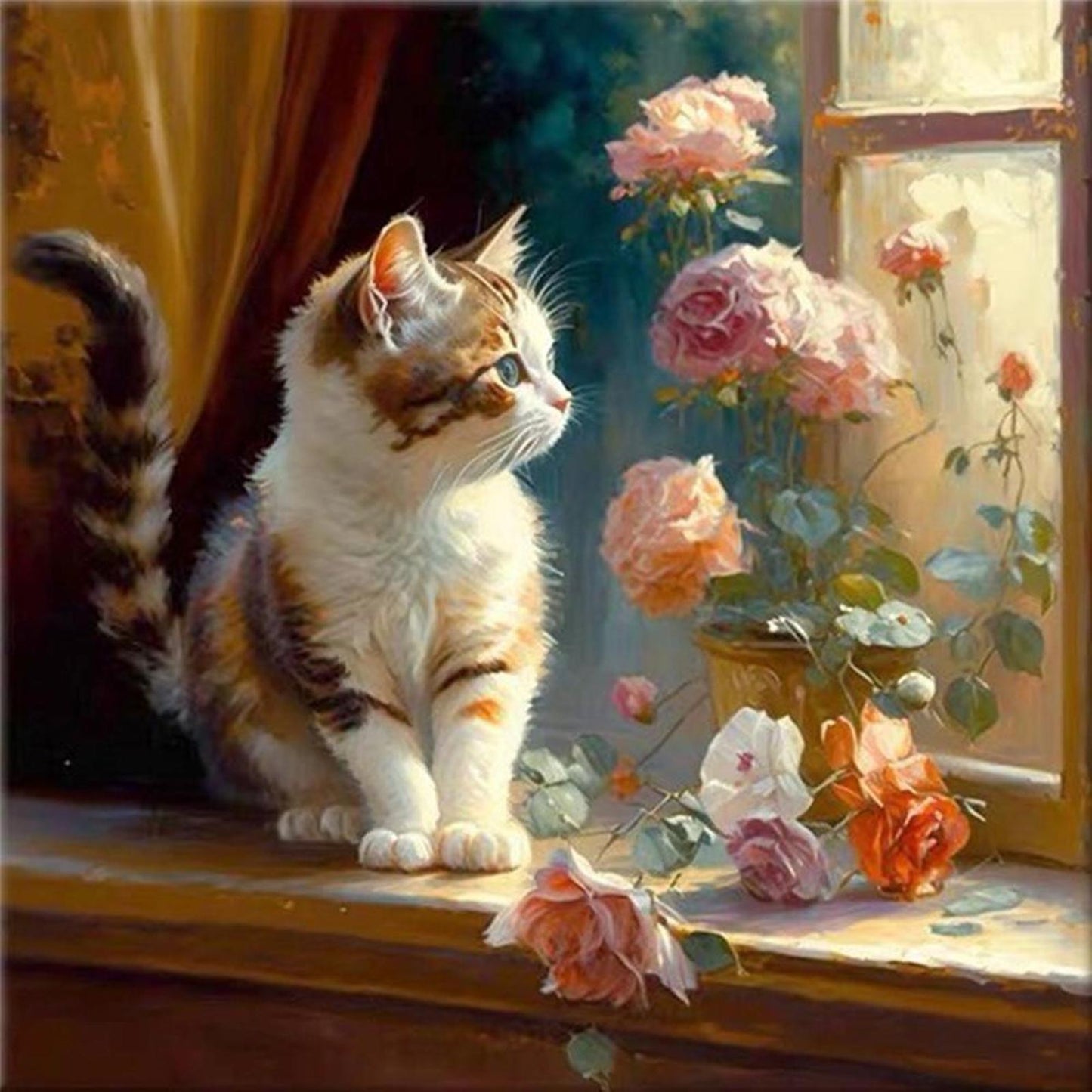 Cats And Flowers On Windowsill - Full 18CT Stamped Cross Stitch 30x30CM - Huacan