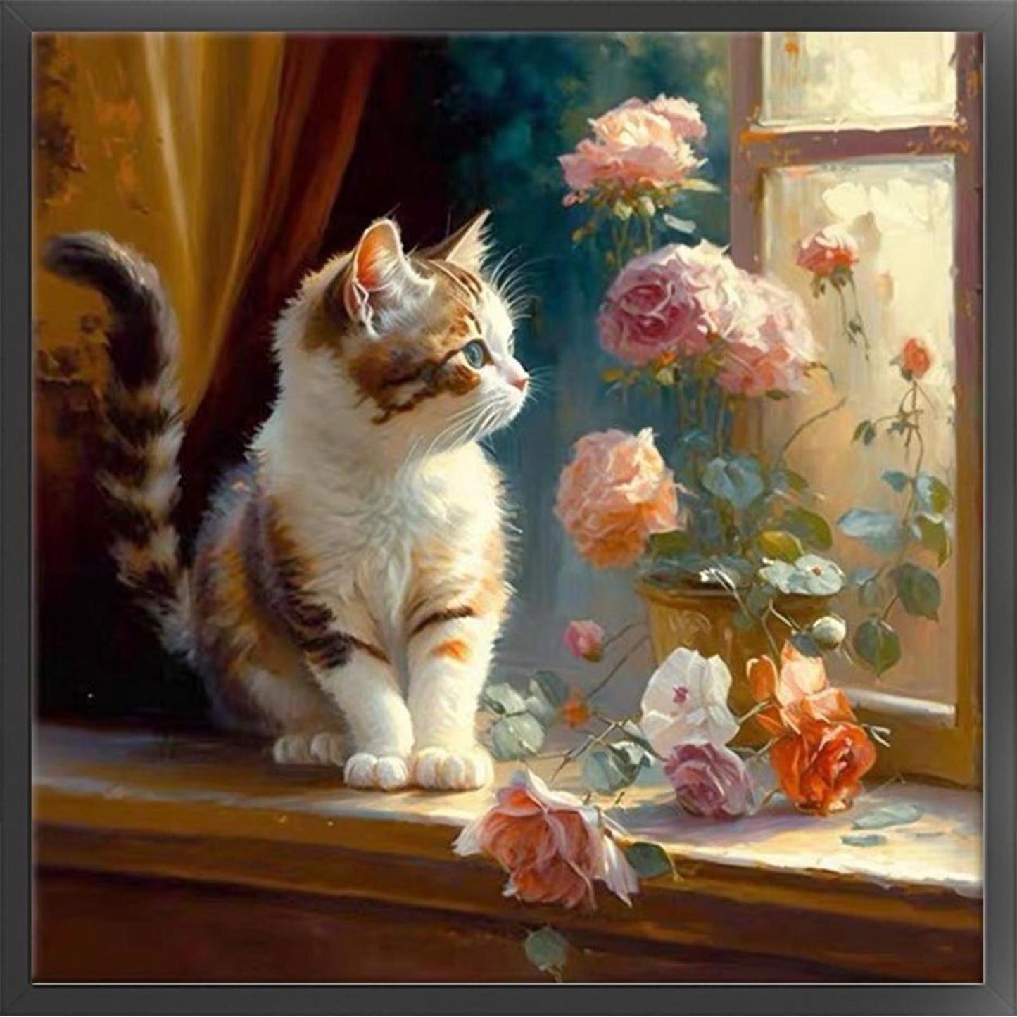 Cats And Flowers On Windowsill - Full 18CT Stamped Cross Stitch 30x30CM - Huacan