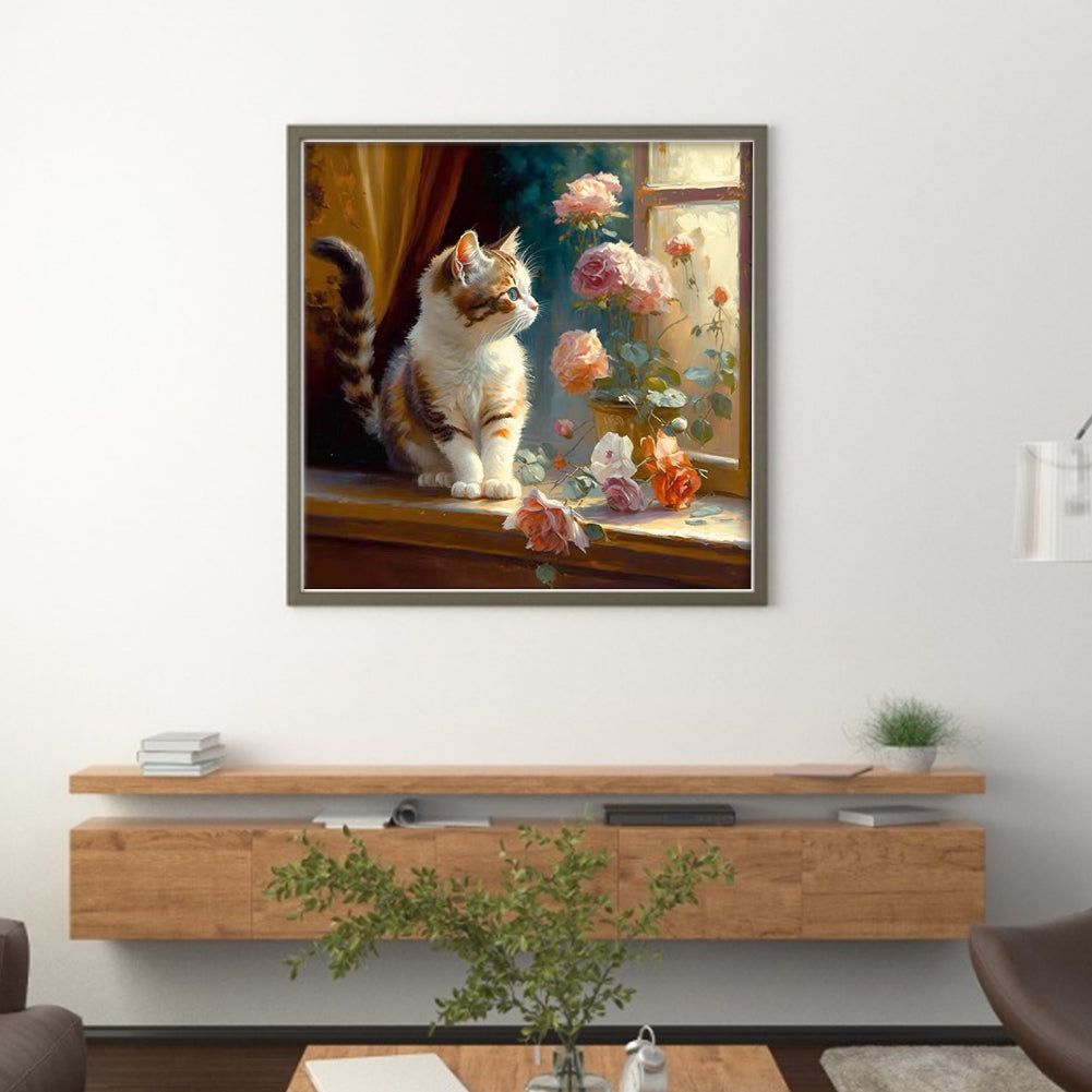 Cats And Flowers On Windowsill - Full 18CT Stamped Cross Stitch 30x30CM - Huacan