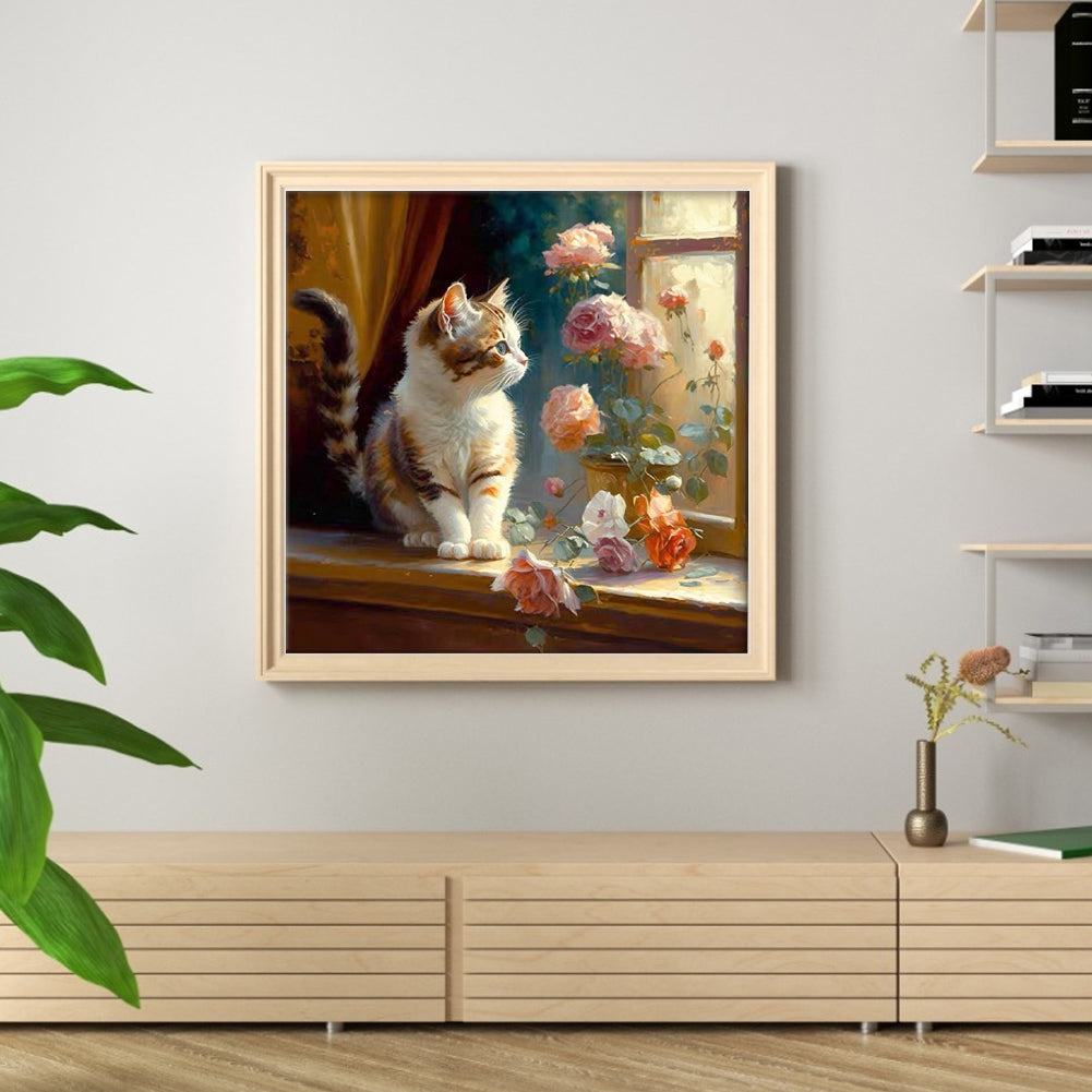 Cats And Flowers On Windowsill - Full 18CT Stamped Cross Stitch 30x30CM - Huacan