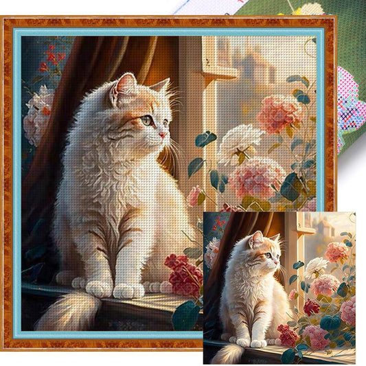 Cats And Flowers On Windowsill - Full 18CT Stamped Cross Stitch 30x30CM - Huacan